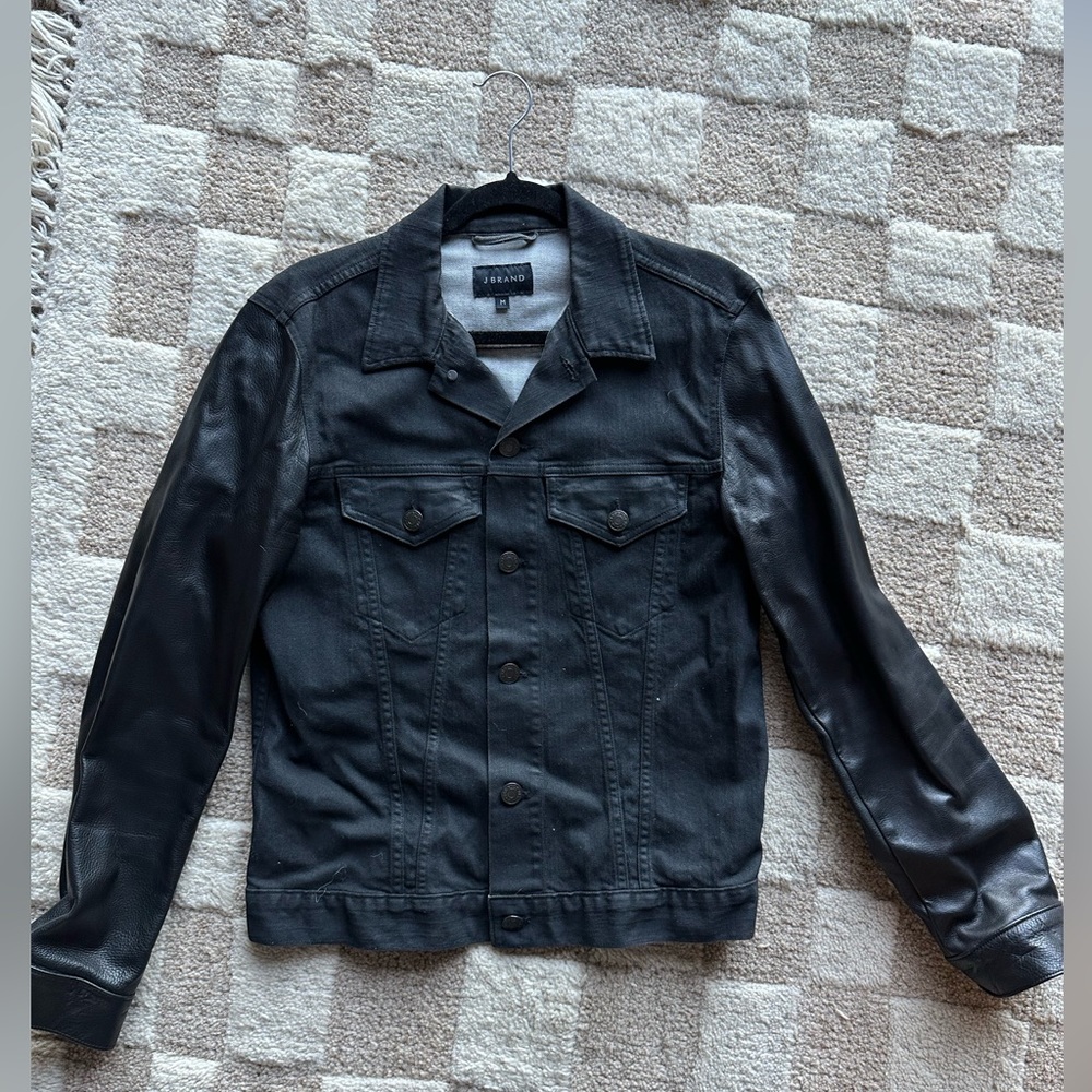 J Brand waxed denim jacket with leather sleeves
